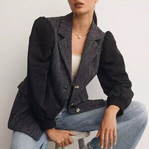 NWT Anthropologie Maeve Mixed Media Relaxed Puff Sleeves Blazer Jacket 2